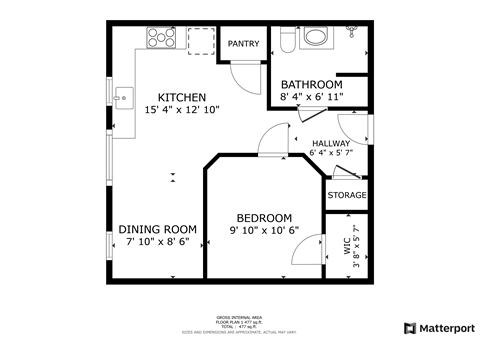 Floor plan for 1 bed, 1 bath, 500 sqft